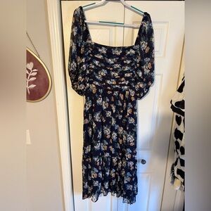 LC Lauren Conrad Navy Floral Puff Sleeve Midi Dress